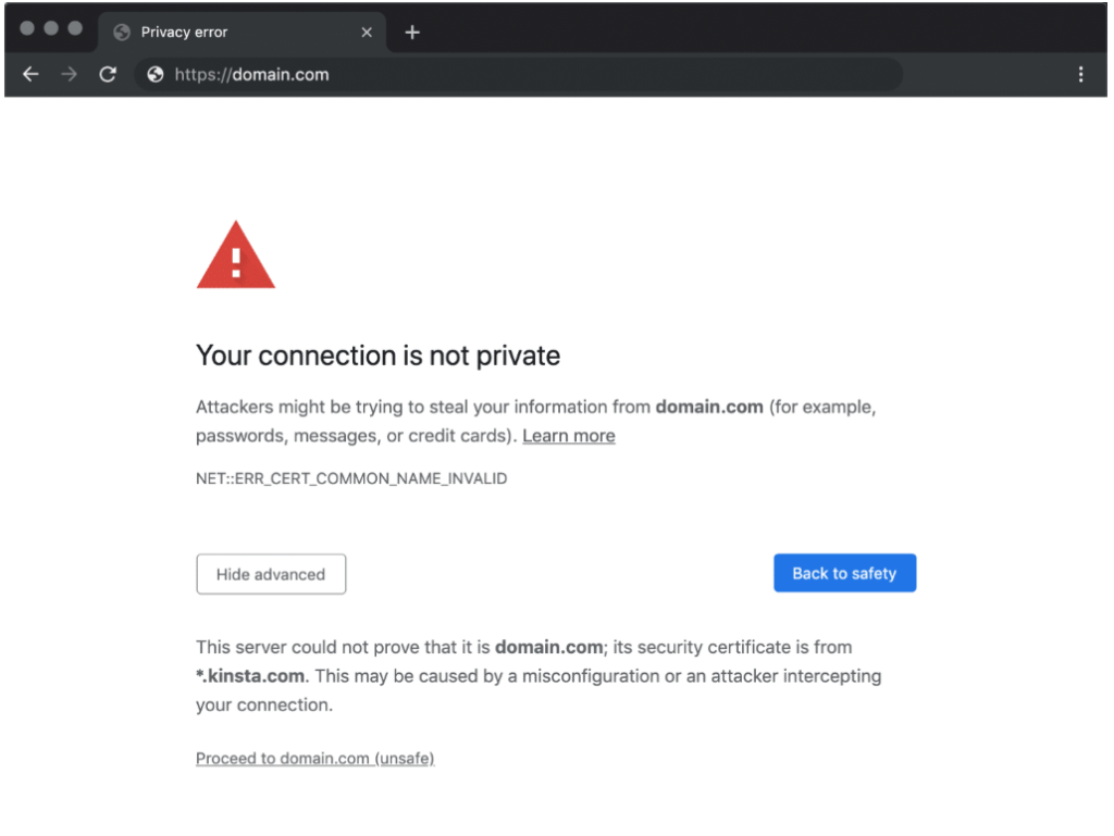 Example of warning Google produces if a site has no SSL web hosting